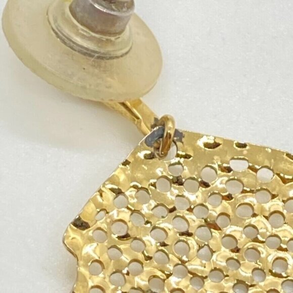 Vintage Leaf Dangle 2" Earrings Gold Tone Filigree Modernist - Picture 4 of 7